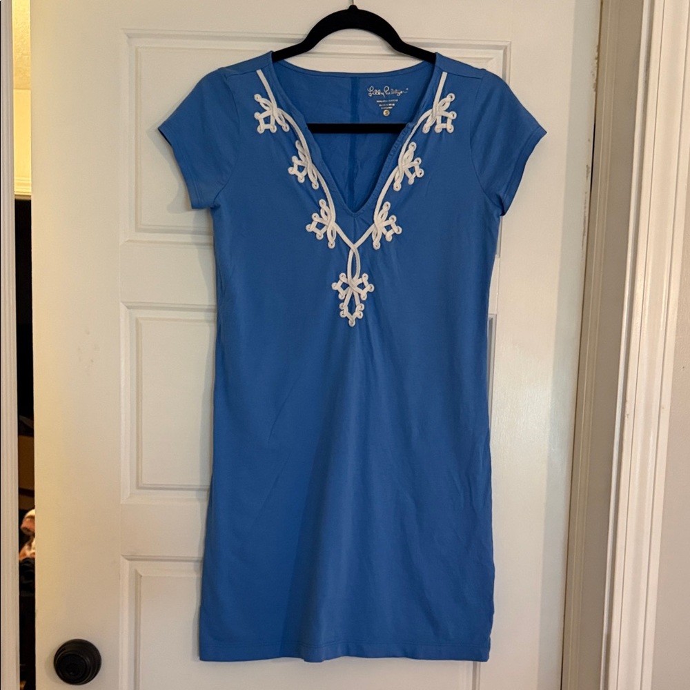 Lilly Pulitzer Cornflower Blue Shift Dress with White Embroidery